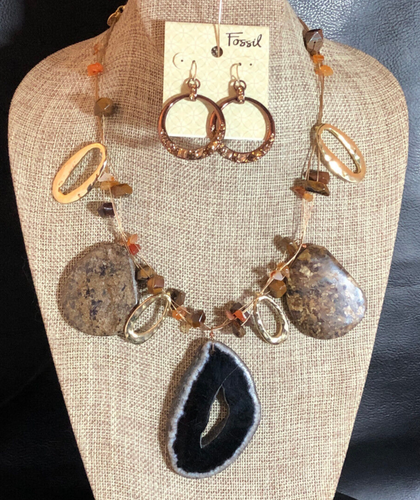 CHICOS Gold Tone Natural Gemstone Agate Geode Bronzite Necklace + Earrings 7289 - Picture 2 of 11