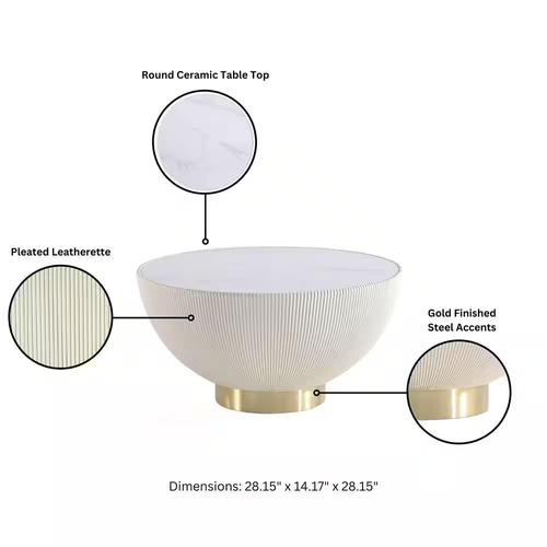 New 28" Modern Cream Round Faux Marble Leatherette Coffee Table Upholstered - Picture 7 of 12
