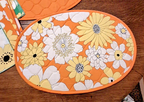 4 Vintage MCM Placemats With Napkins Green Orange floral Cotton - Picture 8 of 10