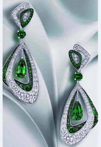 14KWhite Gold Plated 3Ct Pear Cut Lab-Created Green Emerald Drop Dangle Earrings - Picture 2 of 6