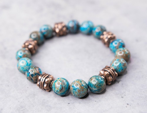 Crazy Blue Lace Agate Bracelet, Tibetan Copper Beads 10mm, 6.75" - Picture 6 of 7