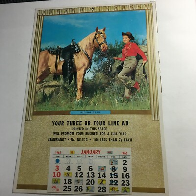Vintage Calendar 1965 January ONLY!!Promo for Business 13X9 vintage-calendar-1965-january-only-promo-for-business-13x9-lady-w-horse-ebay