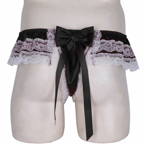 Men's Sissy Frilly Satin Lace Trim Crossdress Underwear G-String Briefs Panties - Picture 21 of 56