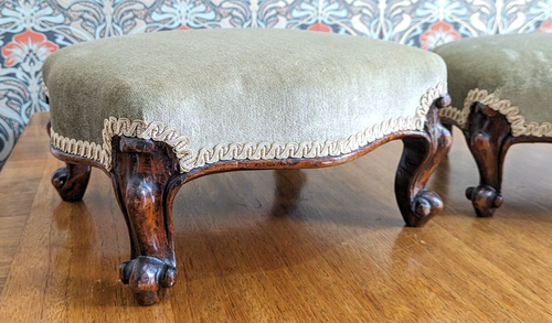 Pair of 19th Century Walnut Wood Cabriole Leg Green Footstools Victorian Antique - Picture 3 of 14