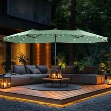 15FT Large Patio Umbrella Outdoor Sunshade Crank Double-Sided Umbrella w/Lights