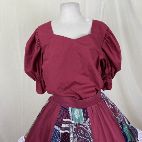 Square Dance Outfit Skirt Blouse Burgundy Blue Patchwork Contrast White Lace - Picture 2 of 9