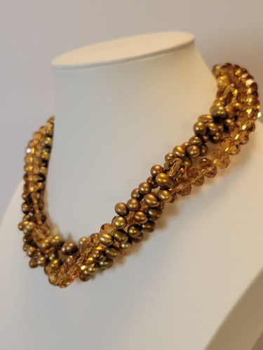 Bronze Cultured Pearls & Glass Bead Torsade Necklace Choker 16" - 18" Stunning! - Picture 2 of 9