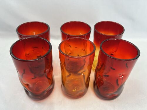 Vintage Blenko Set Of 6 Handcrafted Art Glass Tangerine Pinched 6”Tumblers - Picture 4 of 10