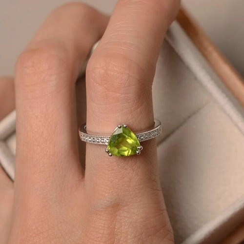 2.25 Ct Natural Peridot & Diamond Valentine's Day Ring 14K Real White Gold Solid - Picture 1 of 4
