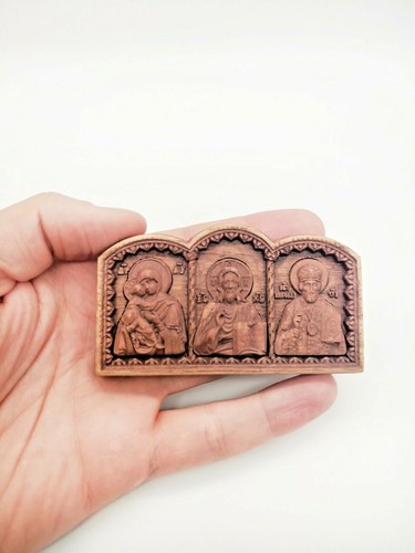 Icons Triple Mother of God, Jesus, St.Nicholas Orthodox w/sticker 8.5 x 4.5cm - Foto 4 di 6