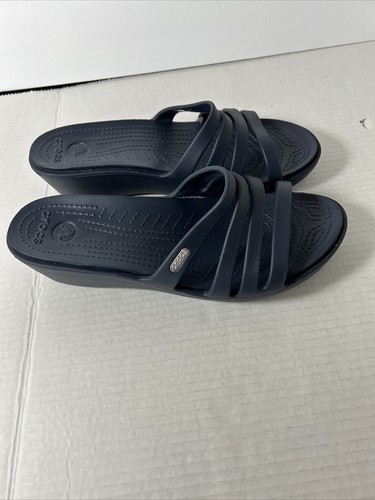 Crocs Rubber Rhonda Women Sandals Size 11 Black Wedge Slip On Slides 14706 EUC  - Picture 1 of 9