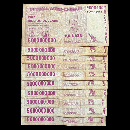 10x Simbabwe 5 Milliarden Dollar Special Agro Scheck Banknote Scheck *stark zirkuliert* - Bild 1 von 5