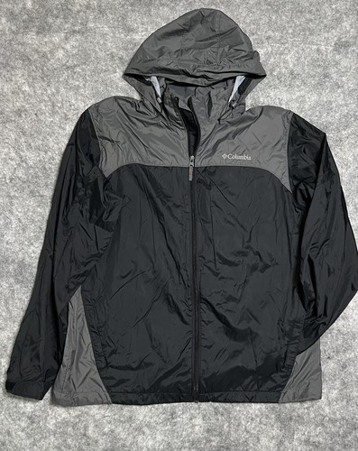 Columbia Jacket Men's Large Full Zip Up Hooded Packable Black 100% Nylon