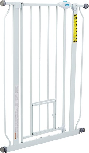 Tall Walk Through Pet Gate with Small Pet Door, Includes 4-Inch Extension Kit