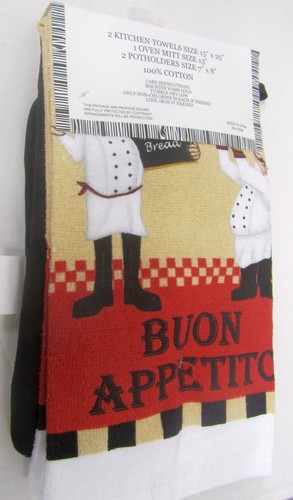 5pc SET:2 POT HOLDERS,2 TOWELS & 1 OVEN MITT, 2 FAT CHEFS, BUON APPETITO, BH - Picture 4 of 7