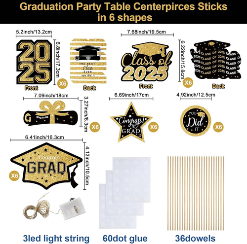 Graduation Decorations Class of 2025-36Pcs Black and Gold Graduation Table Cente - Picture 3 of 12