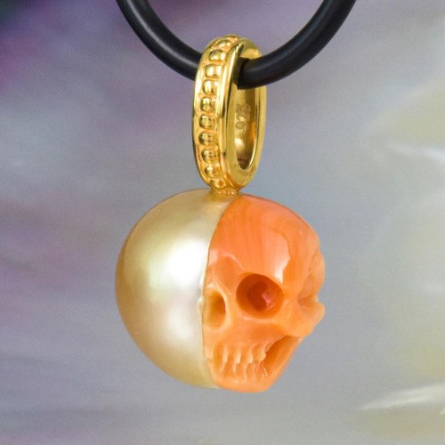 Skull IN Süd See Perle Anhänger Geschnitzter Aprikose Shell & Vermeil - Bild 13 von 15
