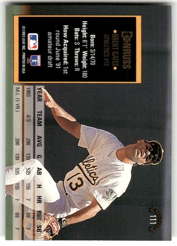 Brent Gates 1994 Donruss #111 Oakland Athletics - Picture 2 of 2