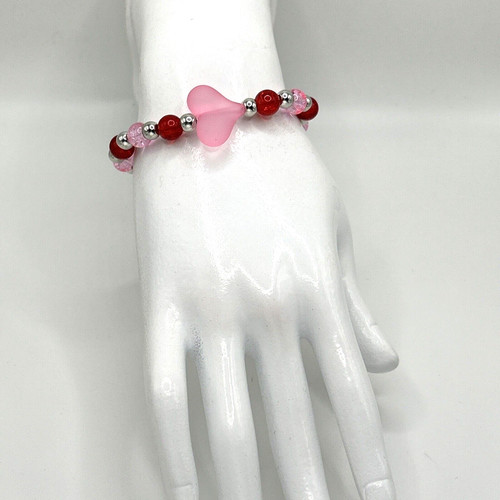 7" Valentine's Day Beaded STRETCH Bracelet-Red/Pink Glass Beads & Frosted Heart - Picture 3 of 5