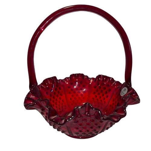 Vintage Fenton Ruby Red Hobnail Paneled Glass Basket w/Crimped & Ruffled Edge - Picture 2 of 8