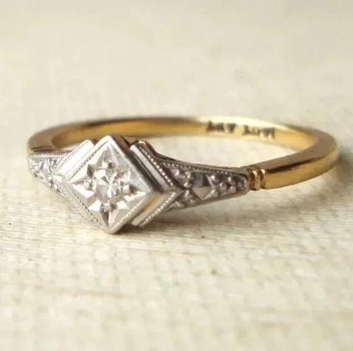 Vintage Glass Star Lab Created Diamond Wedding 14k Two-Tone Gold FN Gifted Ring