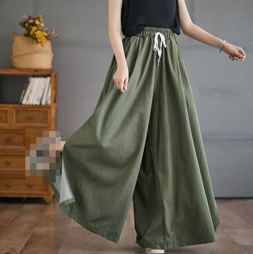 Pantaloni donna elasticizzati vita stringati spacco larghi gambe larghe casual gonna - Foto 3 di 27