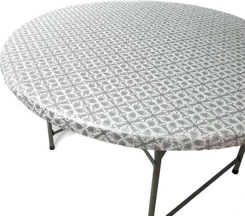 Fits Tables up to 43" to 48" Inch Fitted round Tablecloth Elastic Silver Pattern - Picture 10 of 12