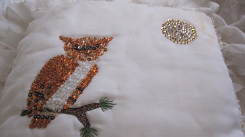 2 Owl Throw Pillows Boho Retro Organdy Beads Embroidery Sequins White Ruffles - Picture 11 of 14