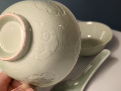 Set of 2 Celadon Porcelain Soup / Rice bowls and Spoon. Jade Green.  - Picture 5 of 11