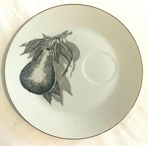 Shafford-China-Luncheon-Plate-Golden-Fruit-Etched-Pear-White-Black-Gold-Trim