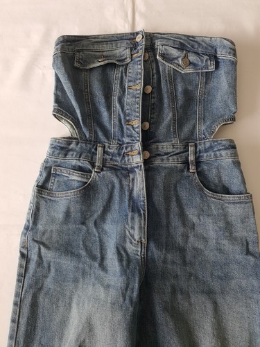Women's Uk12 Urban Revivo Bandeau Cut Out Denim Jumpsuit Blue - Picture 2 of 7