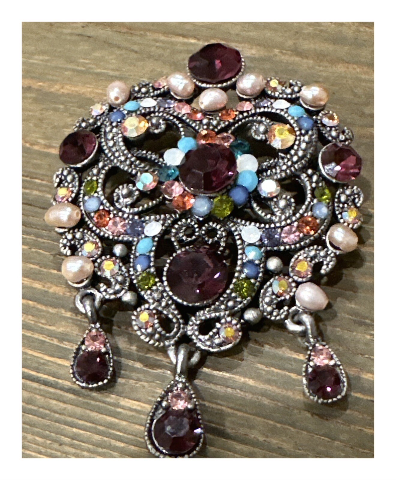 Gorgeous Seed Pearl Crystal Multi-colored Victorian Brooch 2.5” long-image