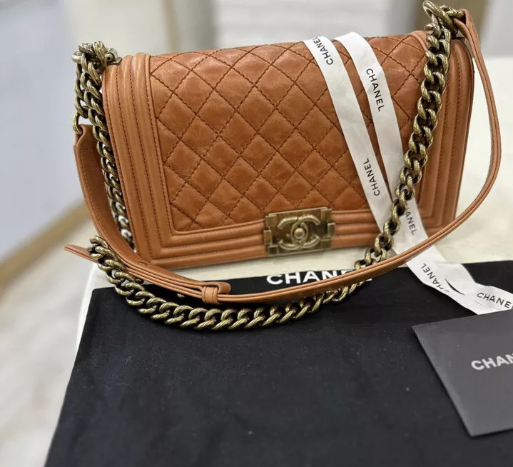 CHANEL Boy Old Medium Brown Aged Gold HW Chain Crossbody Shoulder