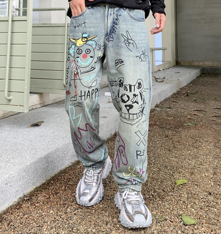 Men's Blue Denim Straight Leg Graffiti Printed Loose Fit Hip Hop