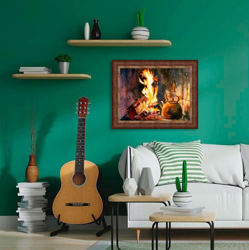 Fire Painting Watercolor Original Art Kettle Artwork Fireplace Wall Art  - Bild 3 von 12