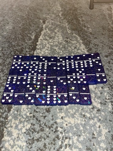 Purple Holographic Handmade Resin Double Six Domino Heart Dots 28pc Game Set - Picture 2 of 9