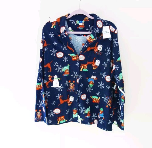 Old Navy Women's Size (XL) Navy Dogs Print Flannel Long Sleeve Pajama Top NWT