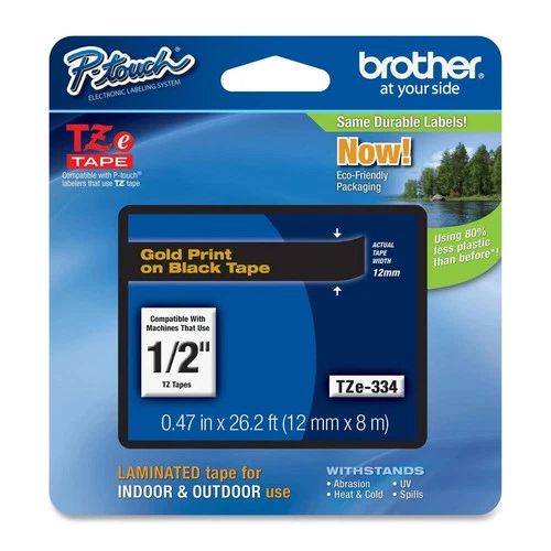 Brother TZ334 12mm 1/2 inch gold on black TZ tape P-Touch
