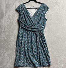 Ann Taylor Women's Summer Dress 14 Teal Geometric Faux Wrap Cinched Waist Look
