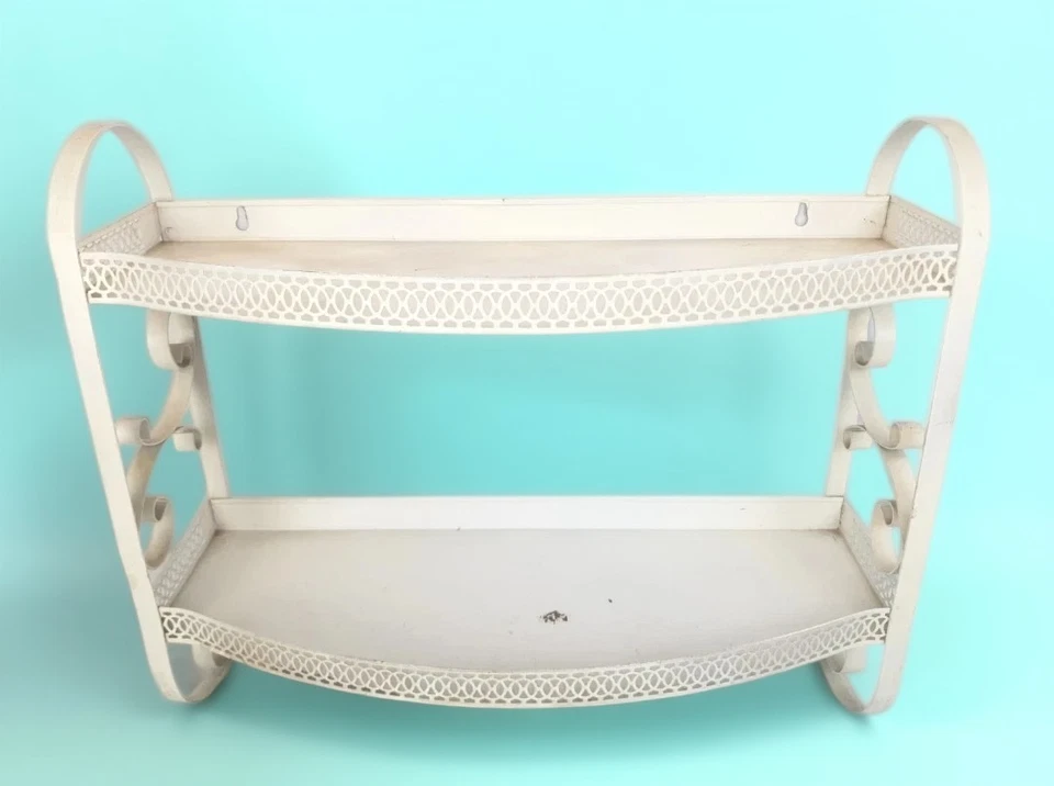 Prateleira de parede branca gasto 2 camadas metal banheiro com barra de toalha rolo 14"Tx17 casa de campo - Imagem 3 de 4