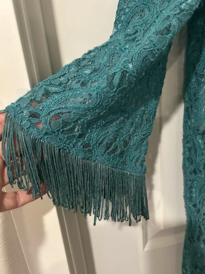 Cárdigan Kimono Abierto Tomato Flying Talla L Turquesa Encaje Flecos Boho Plumero de Hadas Foto 4 de 4