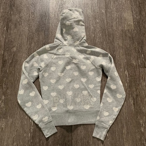Sudadera con Capucha Y2K Victoria's Secret ROSA Gris Corazón Estrás Cremallera Talla S - Imagen 4 de 5