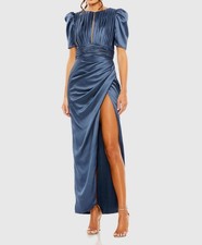 Mac Duggal 27014 Pleat Puff Sleeve Satin Gown Sz 14 Midnight $498