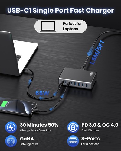 200W USB C Charger Block,GaN IV Charging Station 8 Ports,QC4.0 Fast Charging ... - Picture 6 of 8