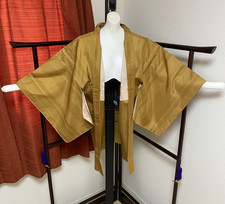 Japanese Kimono Haori Gold Red Green Stripe Checkered Pattern Pre-owned