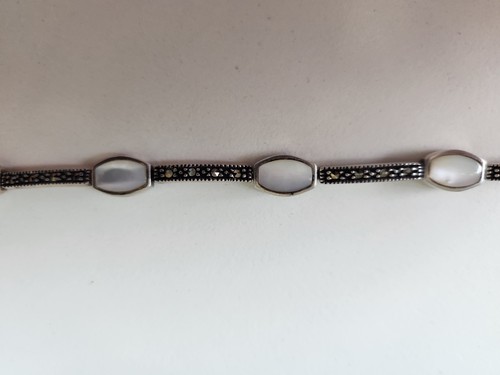 Vintage Sterling Silver Marcasite & Mother of Pearl Bracelet – 925 Marked - Bild 14 von 21