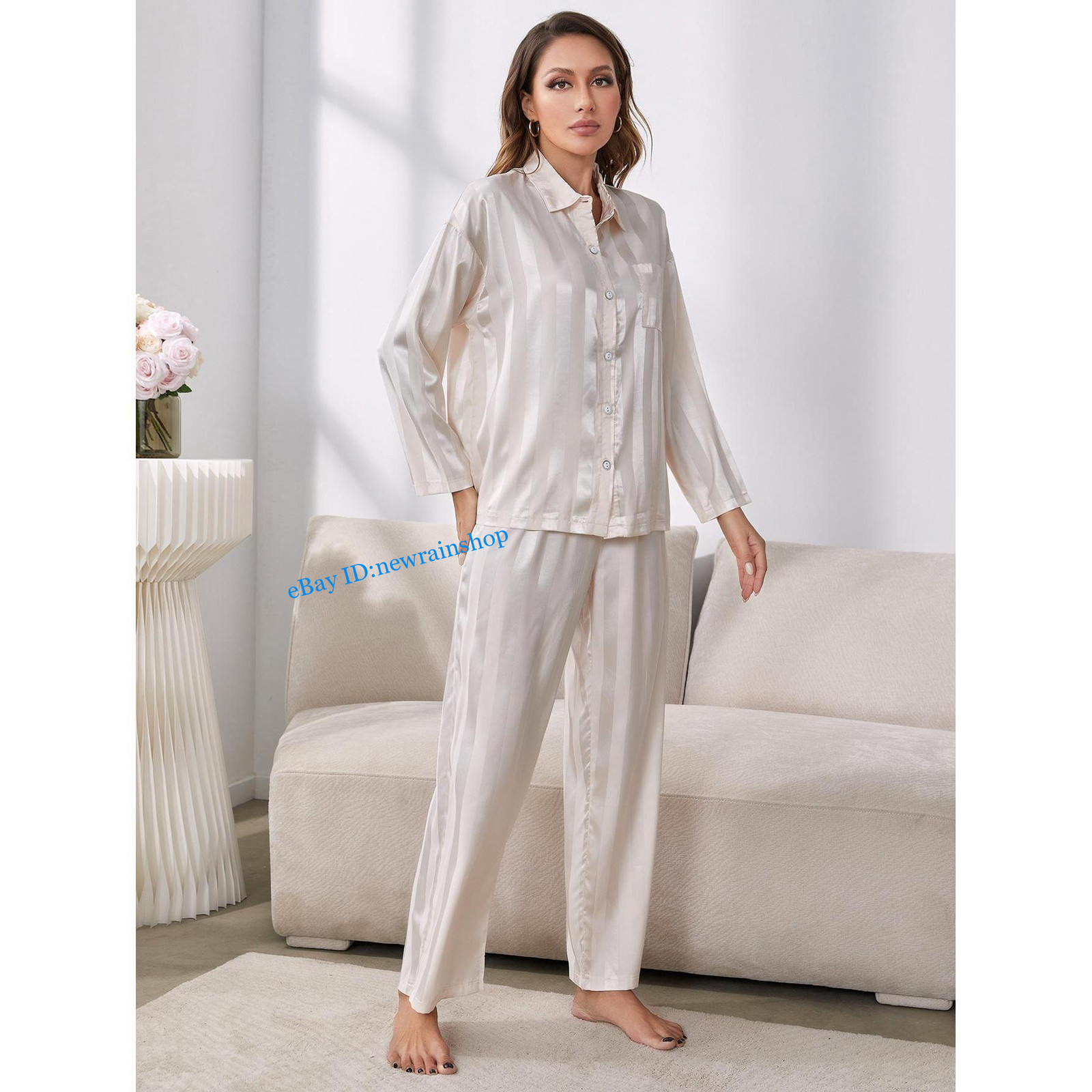 Pigiama tuta donna da notte casual righe seta ghiaccio maniche lunghe pantaloni