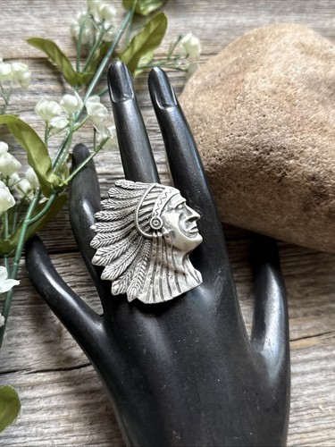 Native American Sterling Silver Indian Chief Head Stamped Adjustable Ring E - Picture 7 of 12