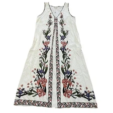 MAX STUDIO Floral Boho Maxi Dress White Blue Pink Sleeveless V Neck Size L NWT