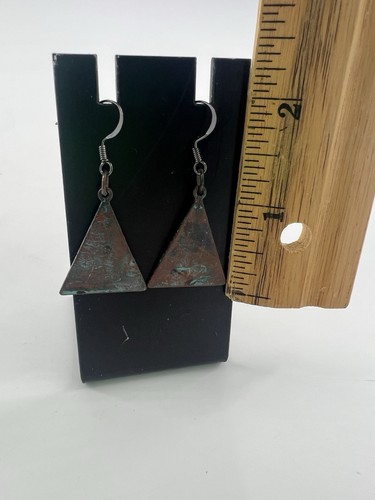 Handmade Earrings Rustic Metal Triangle Steampunk Brown Teal Dangle New - Picture 4 of 5